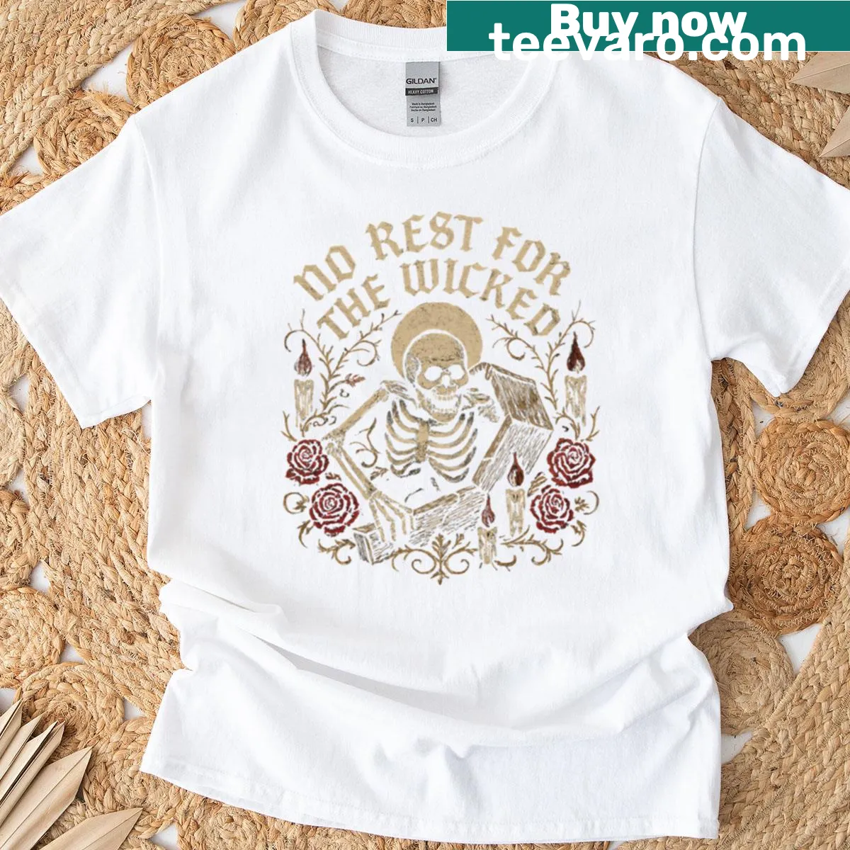 Vintage Halloween t-shirt featuring occult designs and the phrase 'No Rest For The Wicked' — on a men's t-shirt