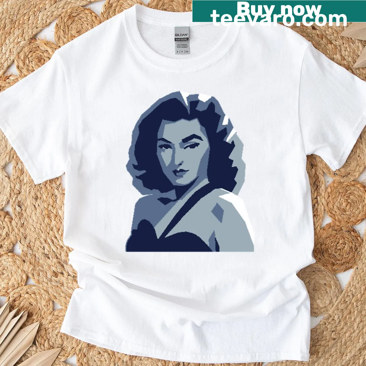 Bold femme fatale portrait in noir style — on a men's t-shirt
