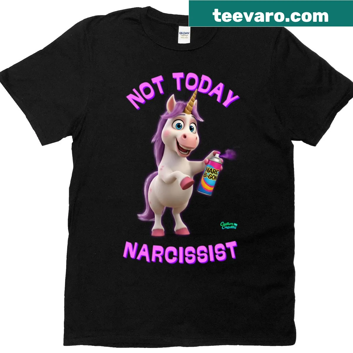 Humorous unicorn graphic with text Not Today Narcissist T-shirt design. — on a men's t-shirt
