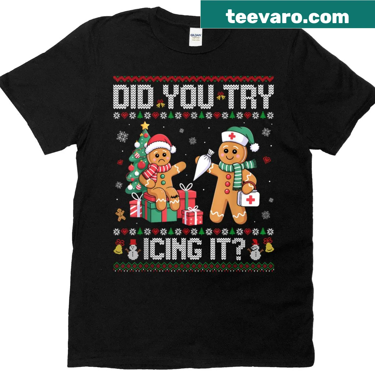Christmas-themed T-shirt with gingerbread design and nurse humor. — on a men's t-shirt