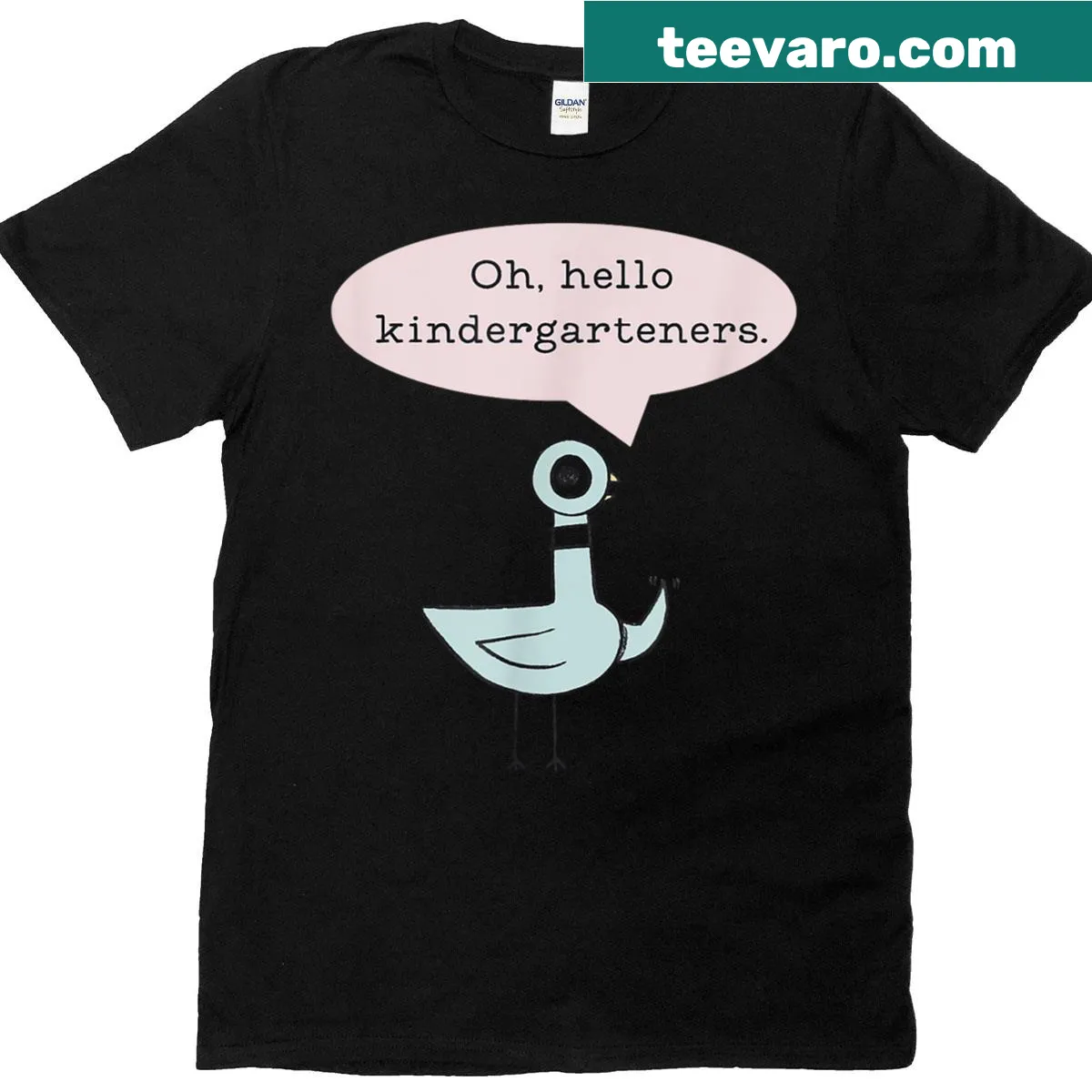 Cute cartoon pigeon t-shirt with 'Oh Hello Kindergarteners' text — on a men's t-shirt