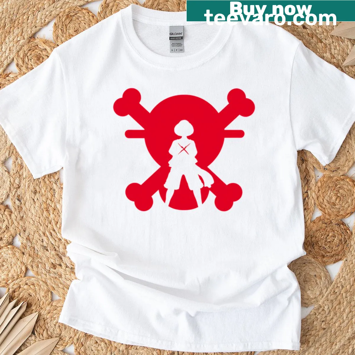 Illustrative One Piece sign t-shirt for manga fans — on a men's t-shirt