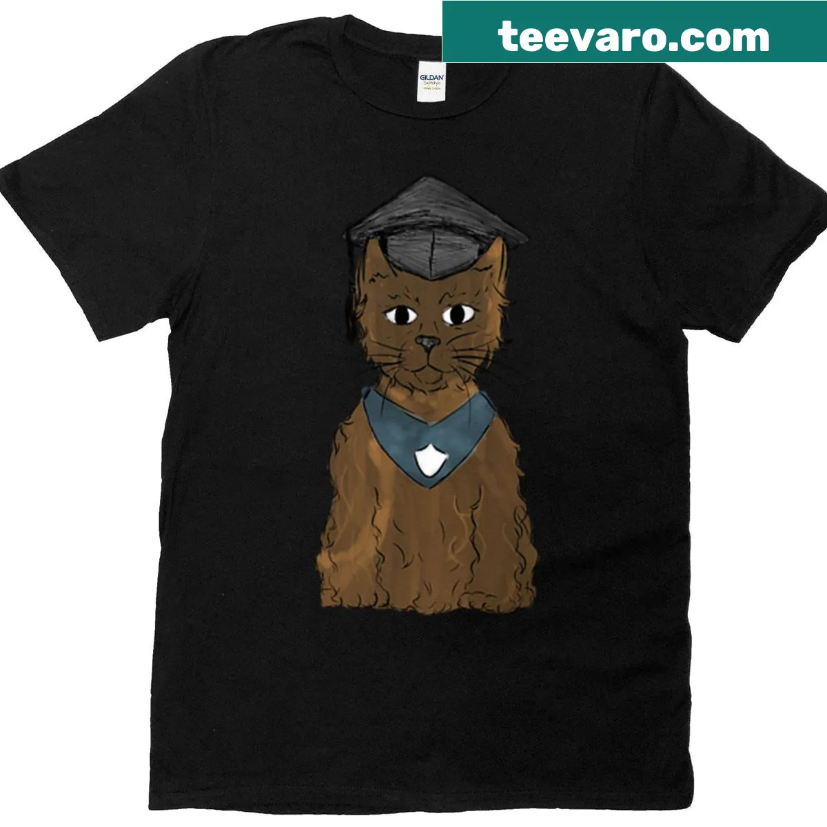 Whimsical T-shirt with an orange cat in a graduation cap celebrating graduation — on a men's t-shirt