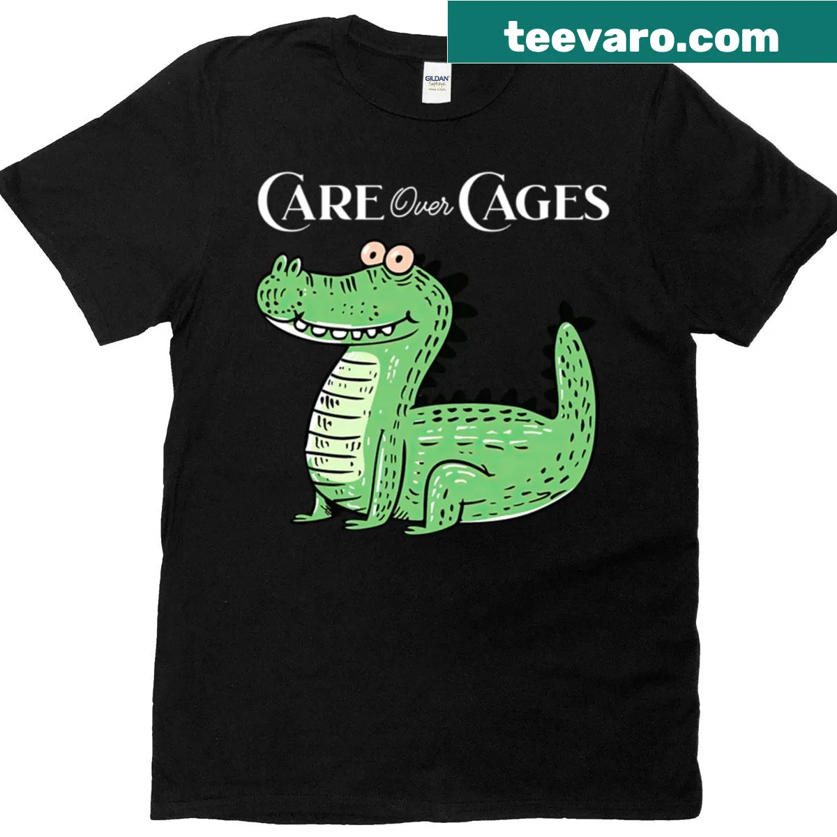 Illustrative T-shirt promoting anti-alligator sentiments and animal rights — on a men's t-shirt