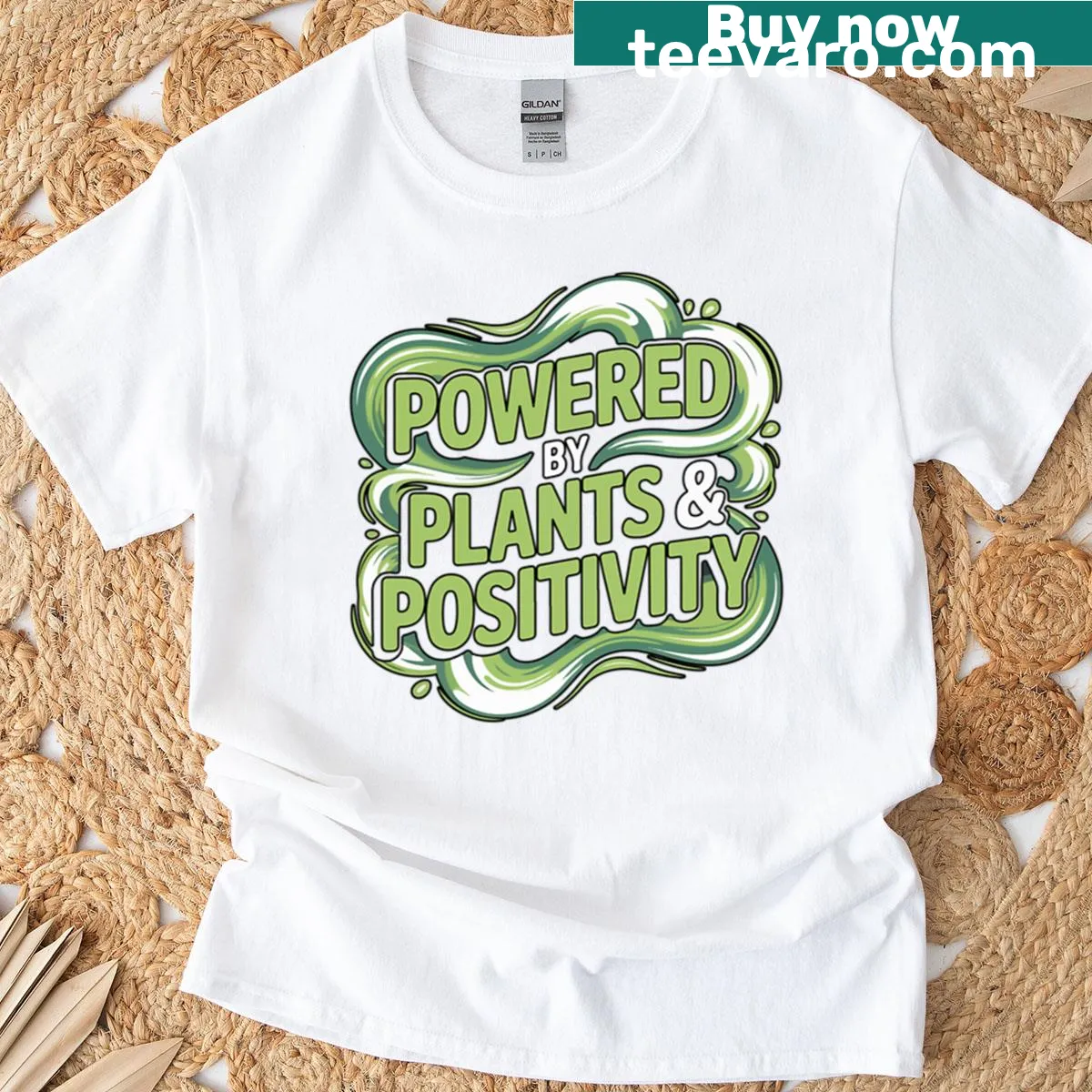 Motivational vegan quote T-shirt design with 'Powered By Plants' — on a men's t-shirt