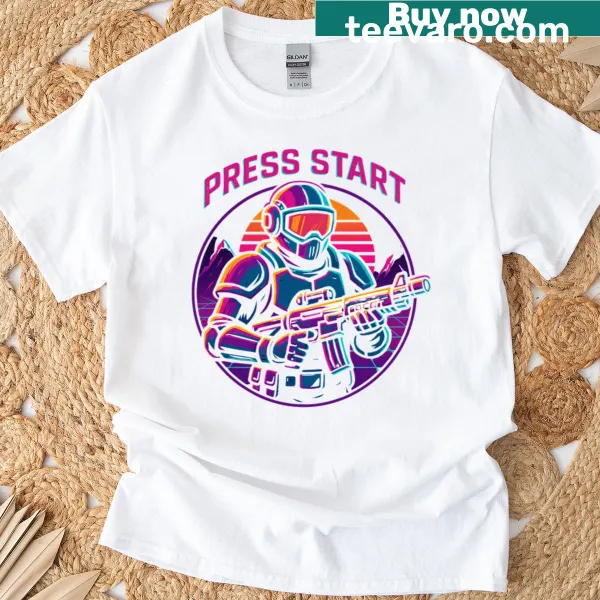 Retro gamer t-shirt with Press Start sci-fi neon design