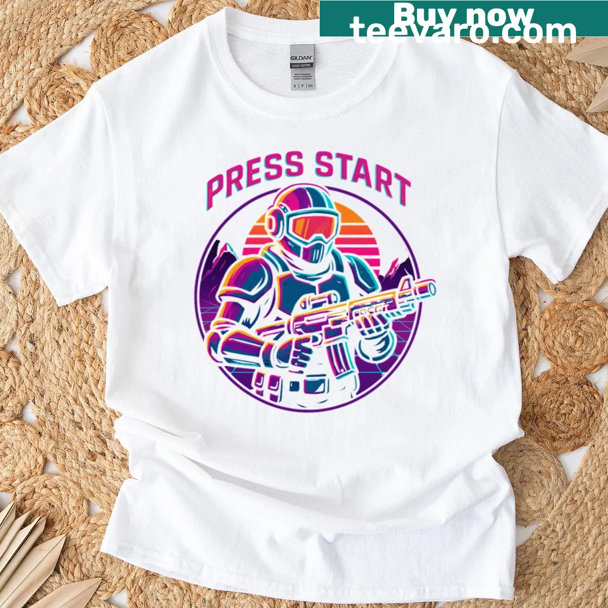 Retro gamer t-shirt with Press Start sci-fi neon design — on a men's t-shirt