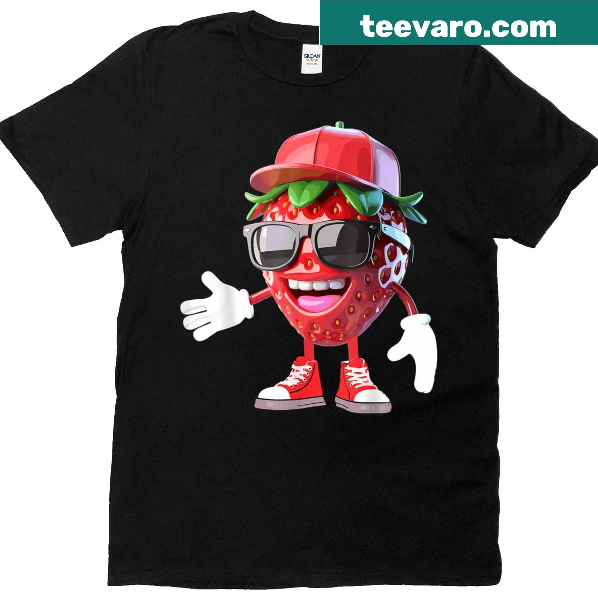 Cartoon strawberry graphic t-shirt for fruit lovers — on a men's t-shirt