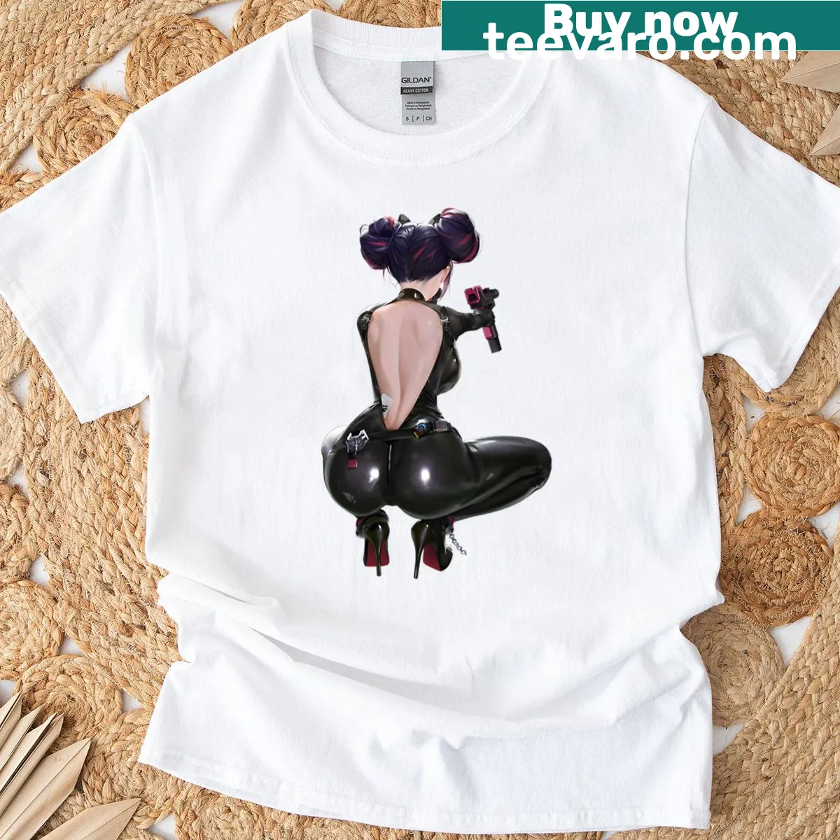 Quency Escape Queen Nikke character t-shirt illustration — on a men's t-shirt