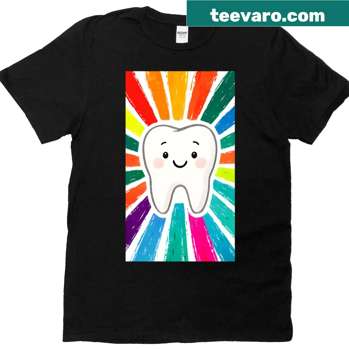 Colorful rainbow tooth graphic on a T-shirt — on a men's t-shirt