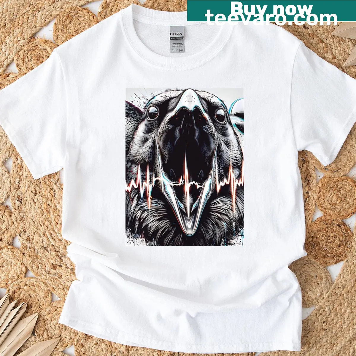 Glitch art raven t-shirt with digital sketch design — on a men's t-shirt