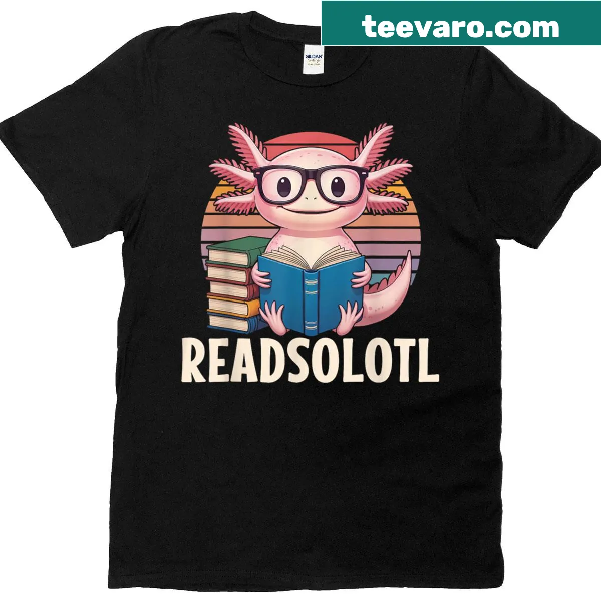 Kawaii T-shirt with a cute axolotl reading a book — on a men's t-shirt