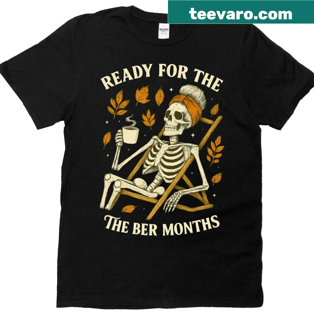 Vintage skeleton T-shirt celebrating the Ber Months — on a men's t-shirt