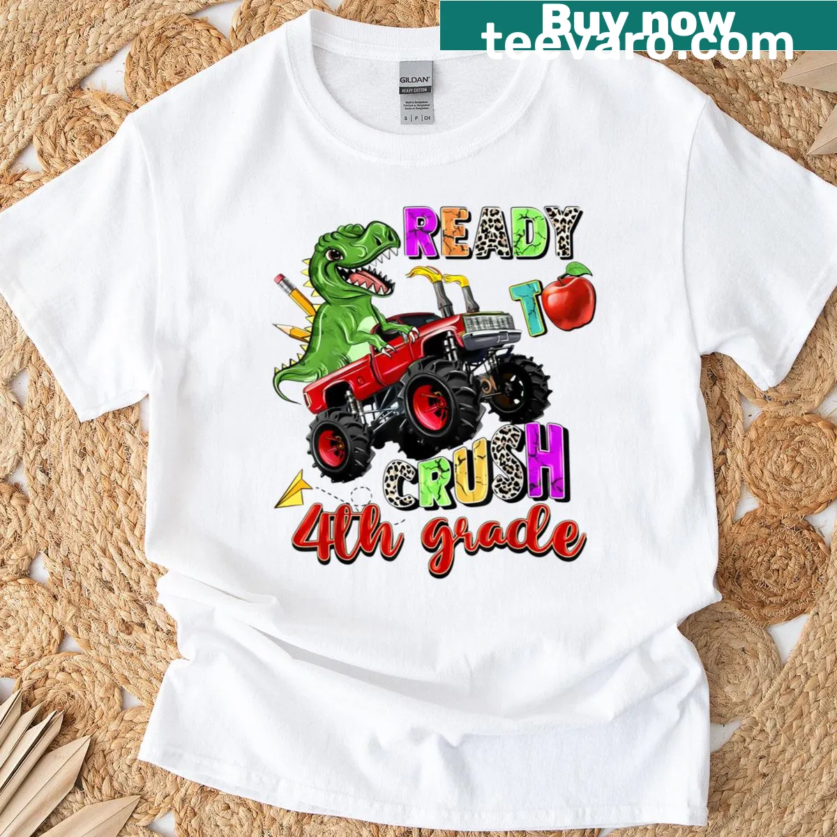 Dinosaur-themed t-shirt with 'Ready To Crush 4th Grade' text — on a men's t-shirt