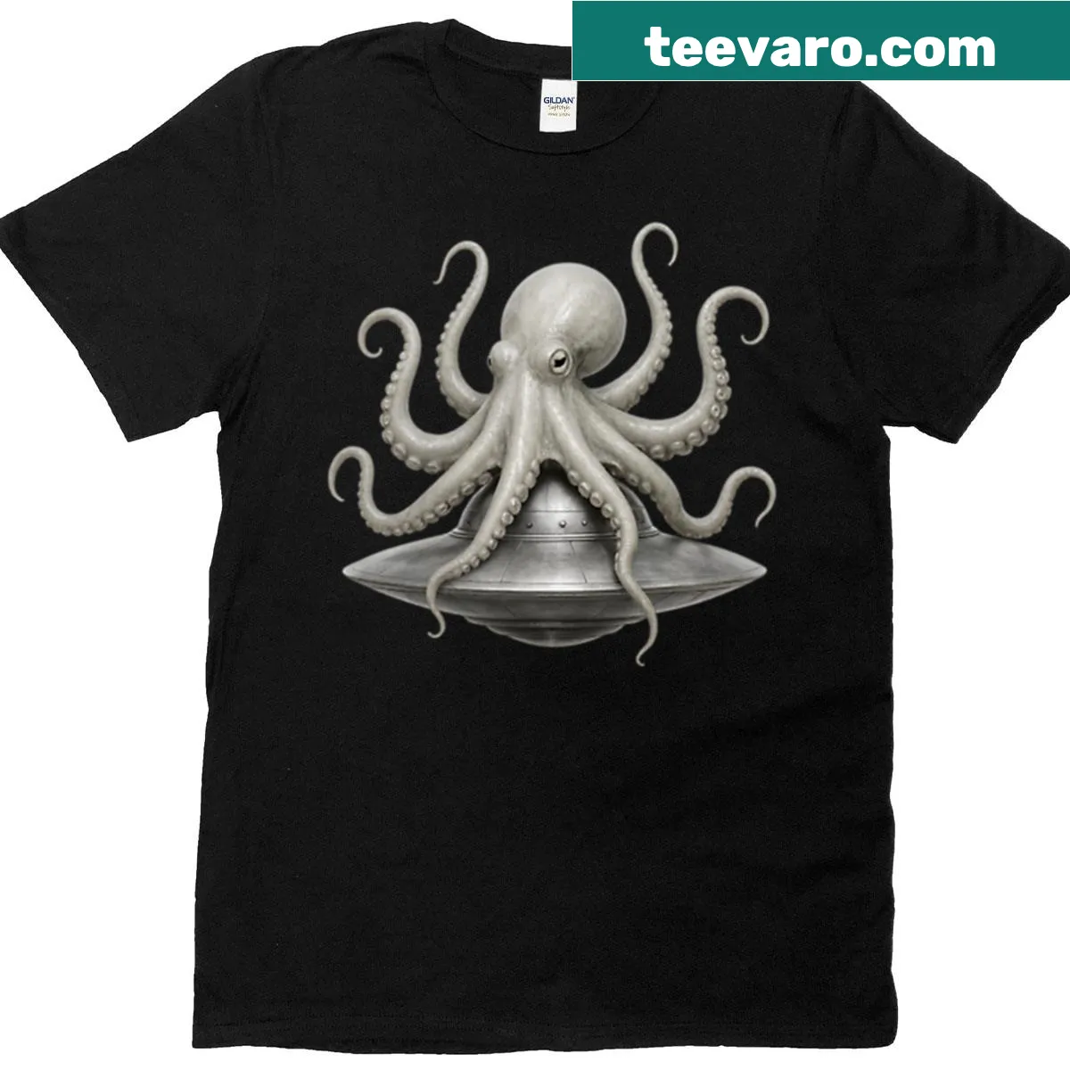 Realistic octopus on a UFO graphic on a T-shirt — on a men's t-shirt