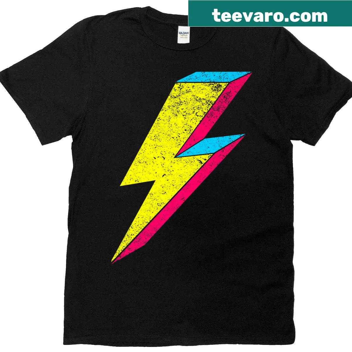 Retro lightning bolt design T-shirt inspired by 70s and 80s style — on a men's t-shirt