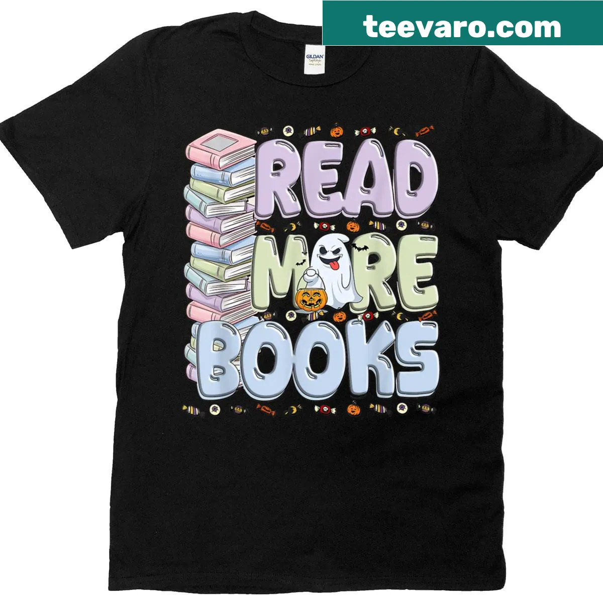 Vintage design of a ghost librarian reading books with whimsical details — on a men's t-shirt