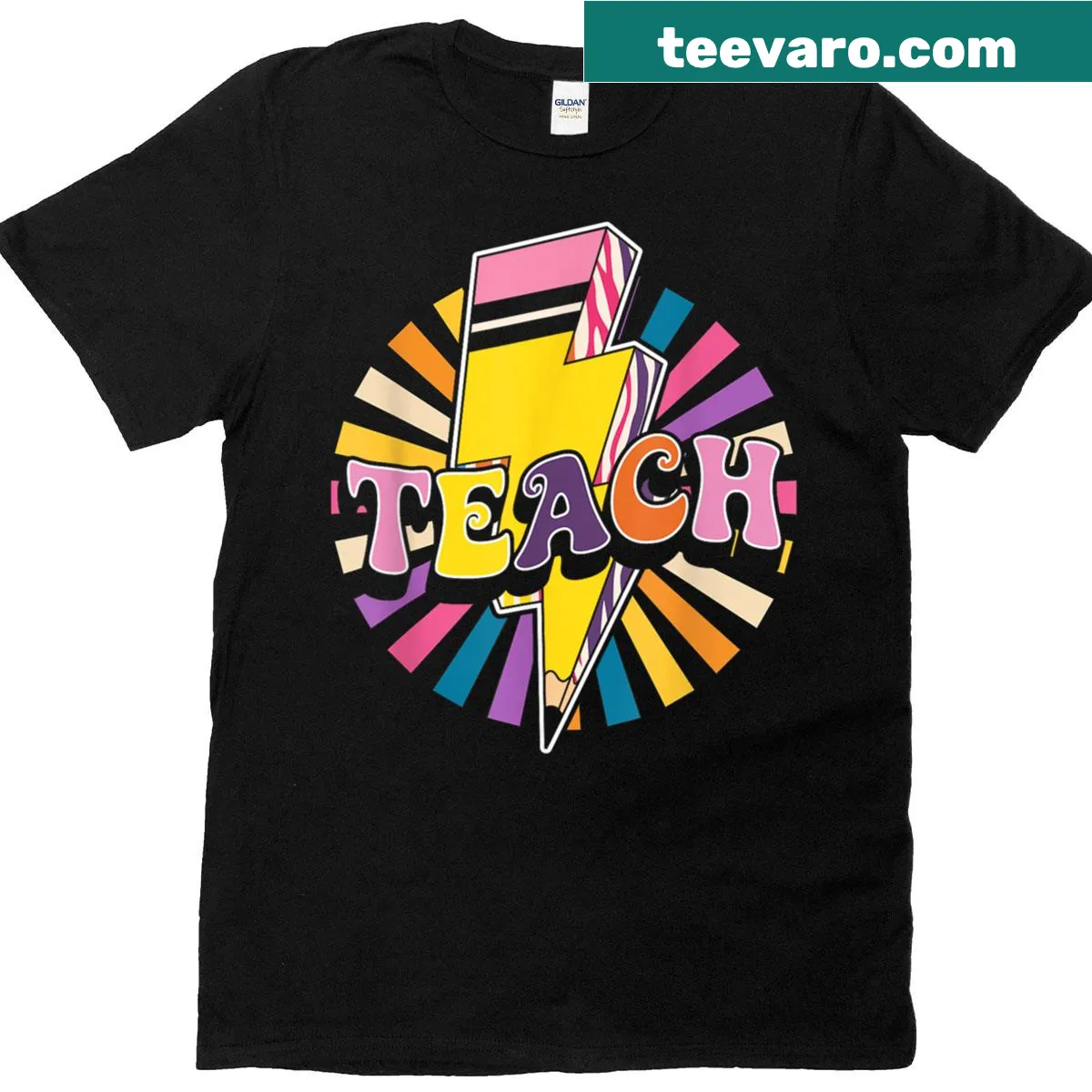 Illustrative T-shirt for teachers with a lightning bolt and pencil design — on a men's t-shirt