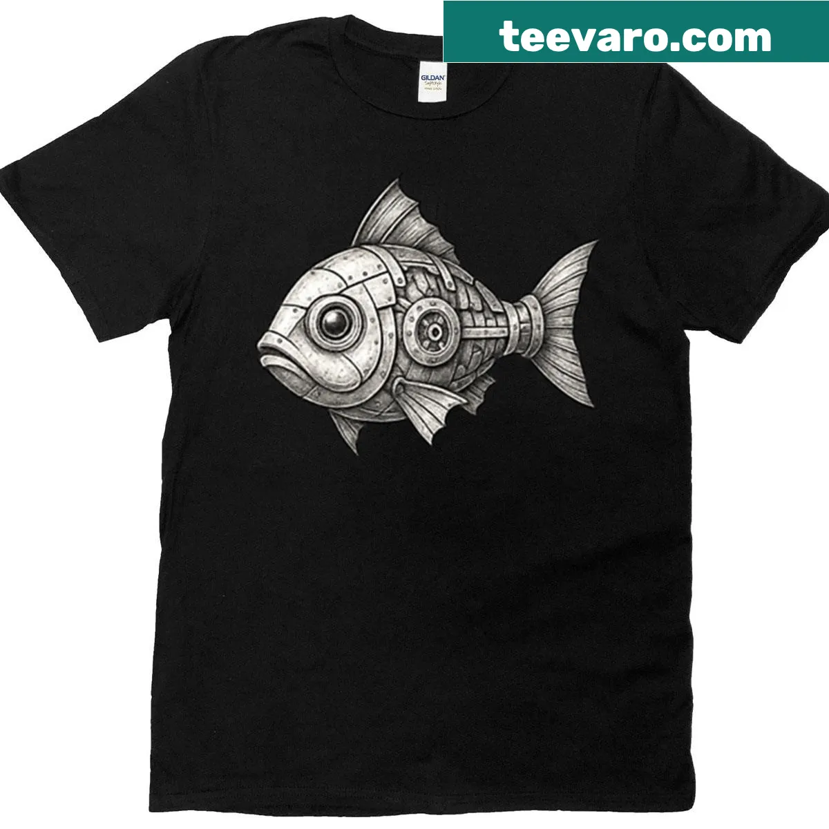 Playful illustration of a robot fish on a t-shirt — on a men's t-shirt