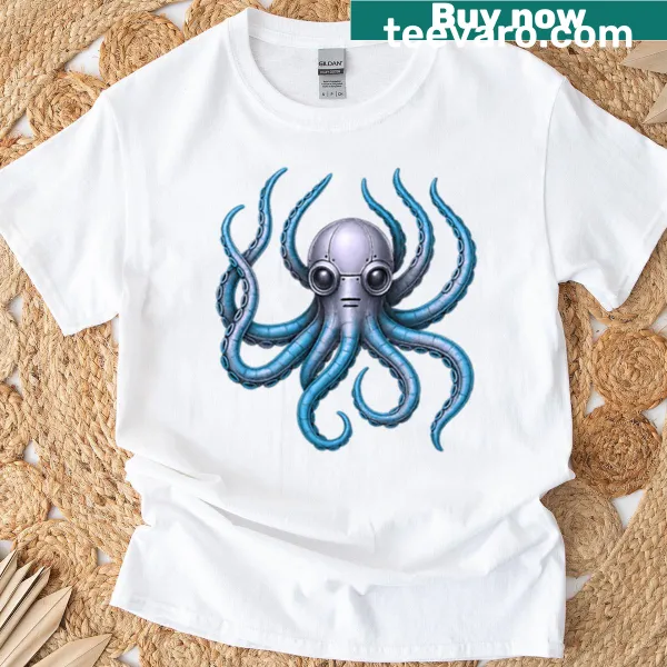 T-shirt featuring an illustrated robotic octopus design