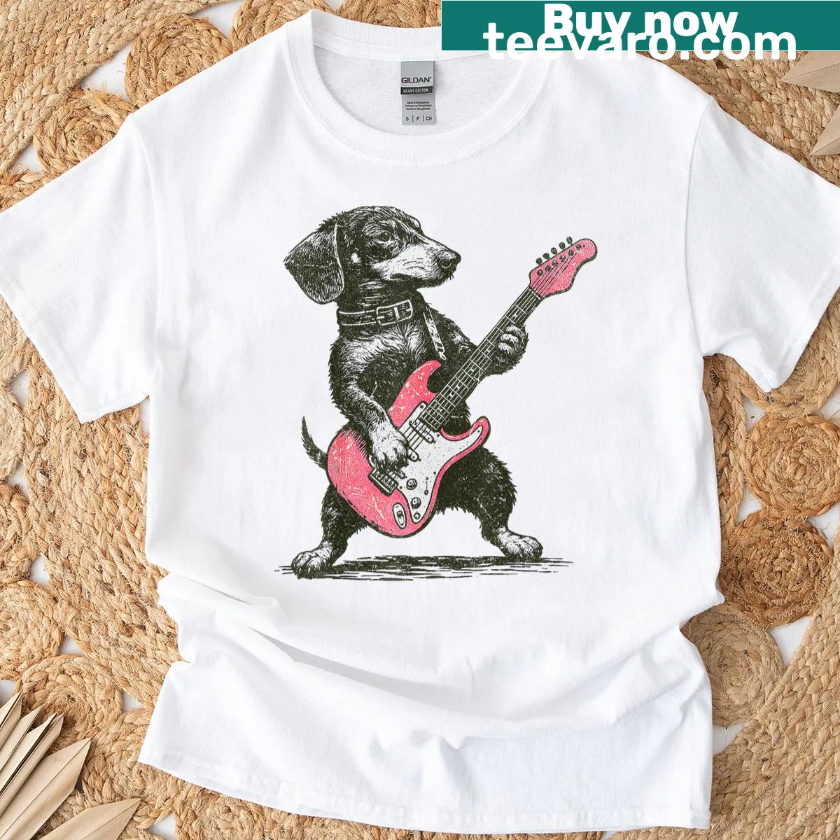 Vintage T-shirt featuring a dachshund with a guitar design — on a men's t-shirt