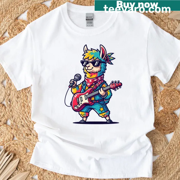 Illustration of a rocking llama with sunglasses and a guitar