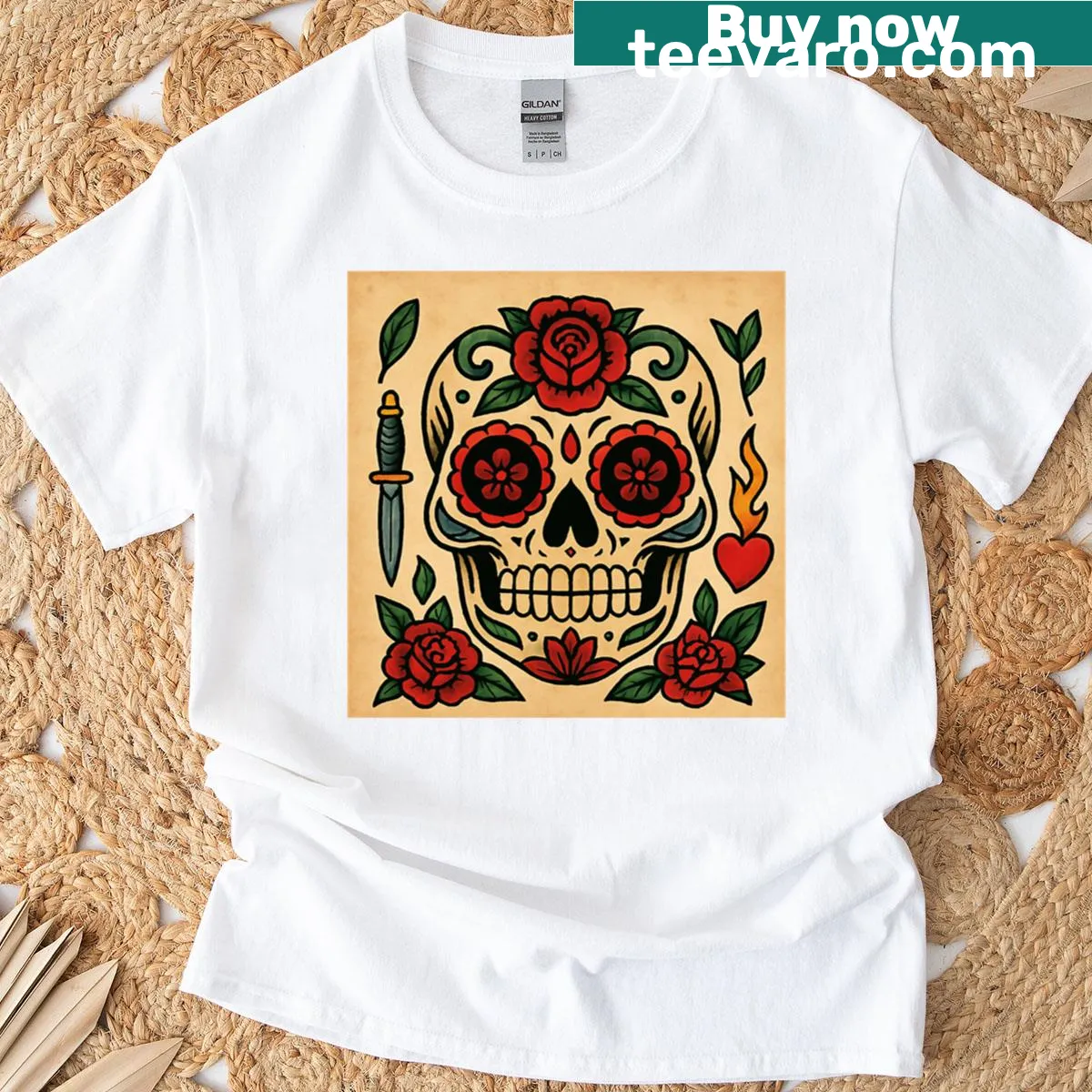 Abstract T-shirt with a design of roses, blades, and bones — on a men's t-shirt
