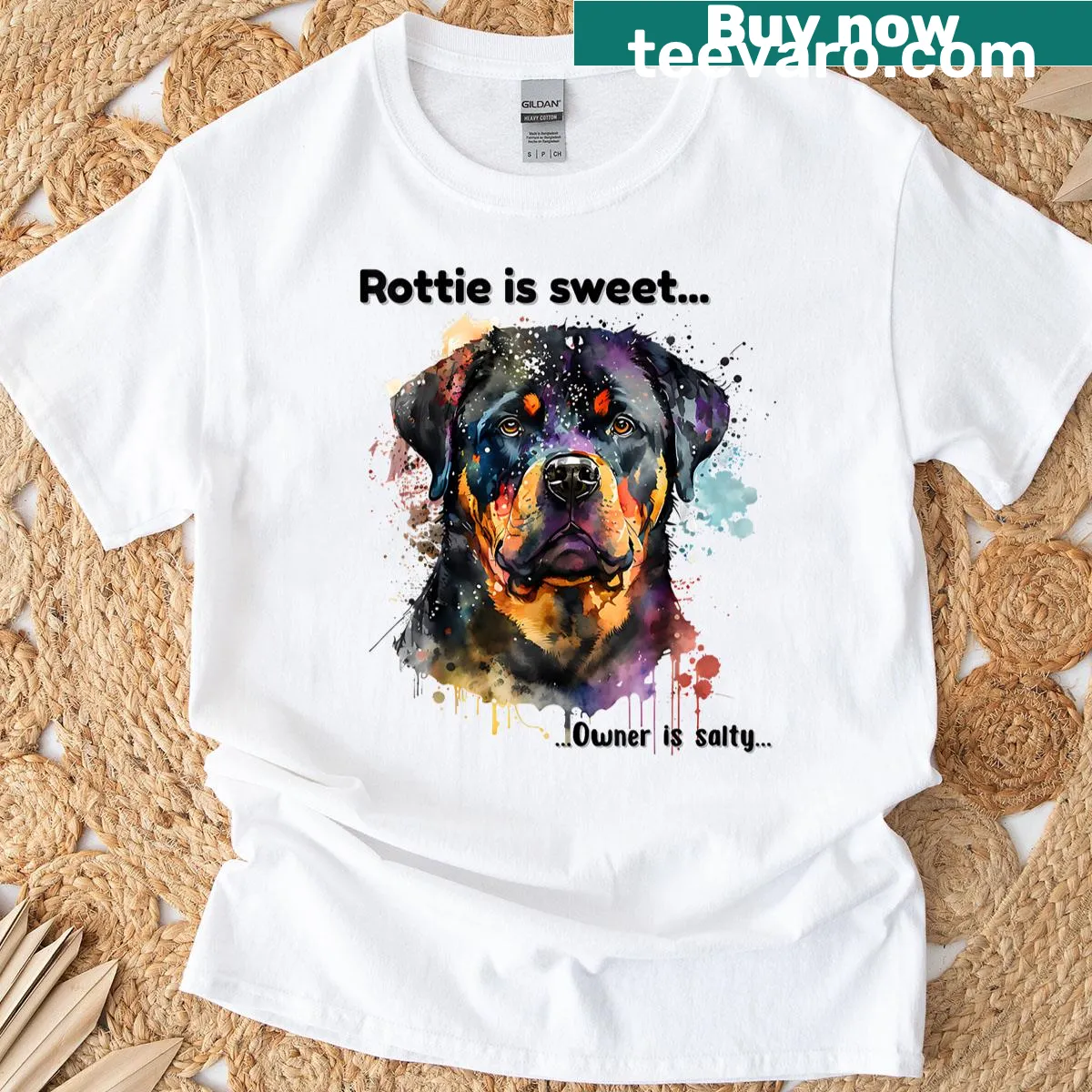 Funny T-shirt featuring a cartoon rottweiler and humorous text — on a men's t-shirt