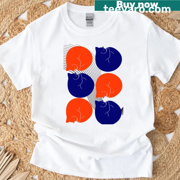 Abstract patterned t-shirt featuring round cats in a retro style.
