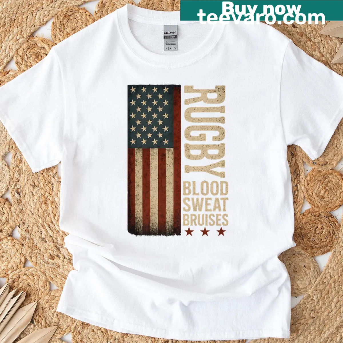 Patriotic t-shirt with rugby-themed text and American flag. — on a men's t-shirt