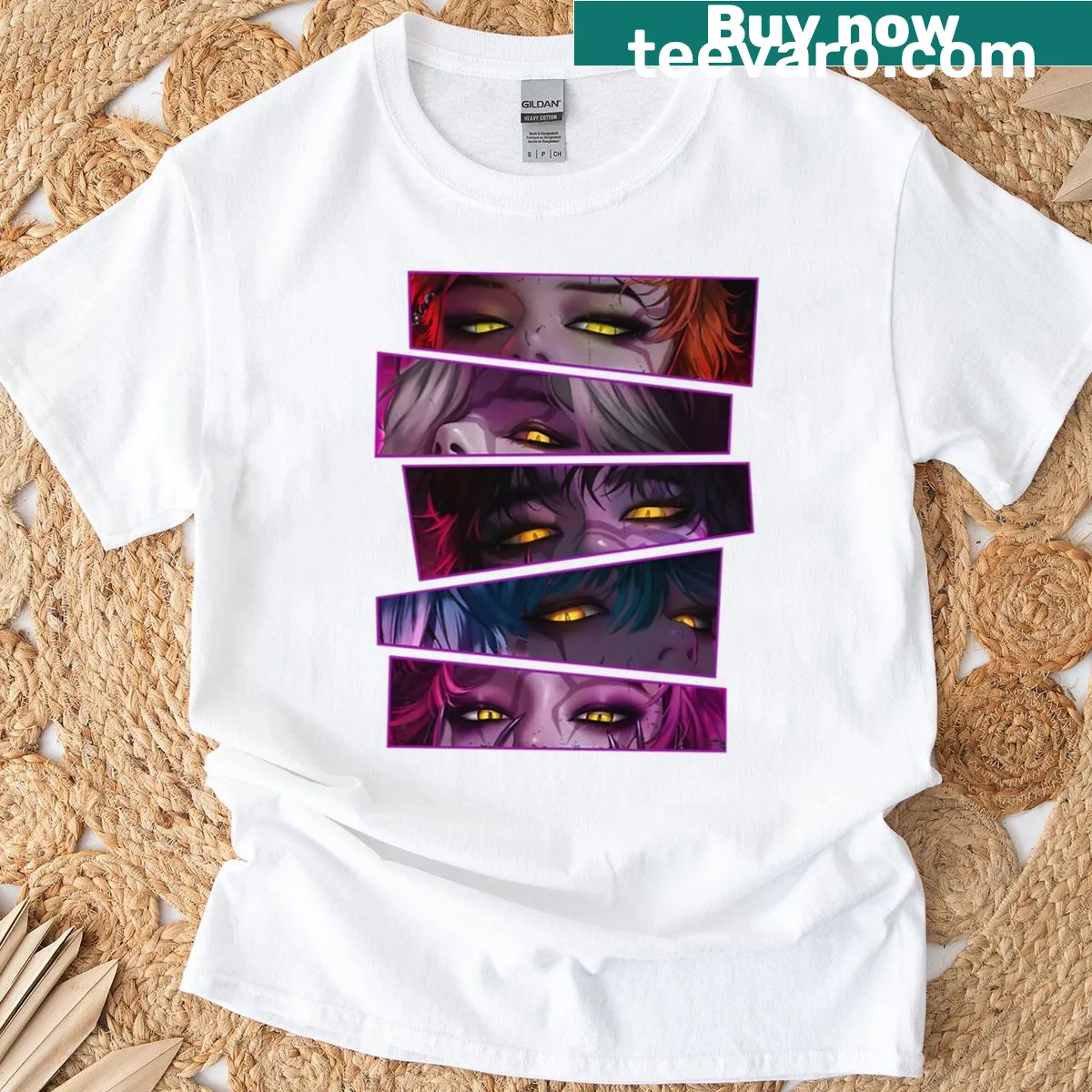 Anime-themed shirt featuring Saja Boys and vampire characters. — on a men's t-shirt