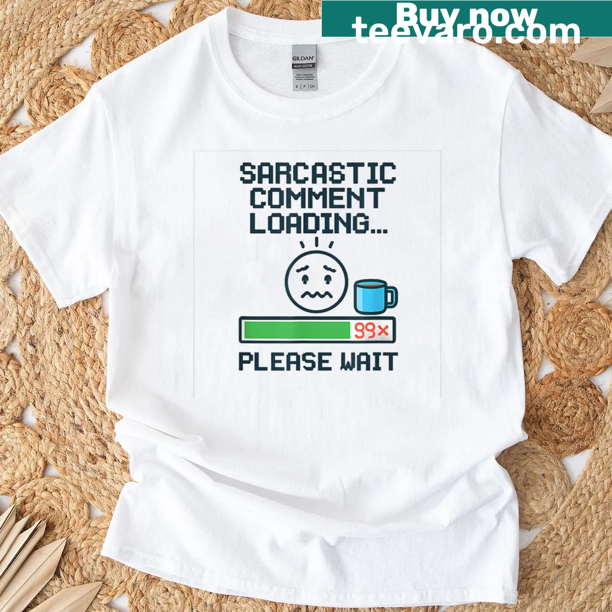 Pixel art graphic with sarcastic loading comment on T-shirt — on a men's t-shirt