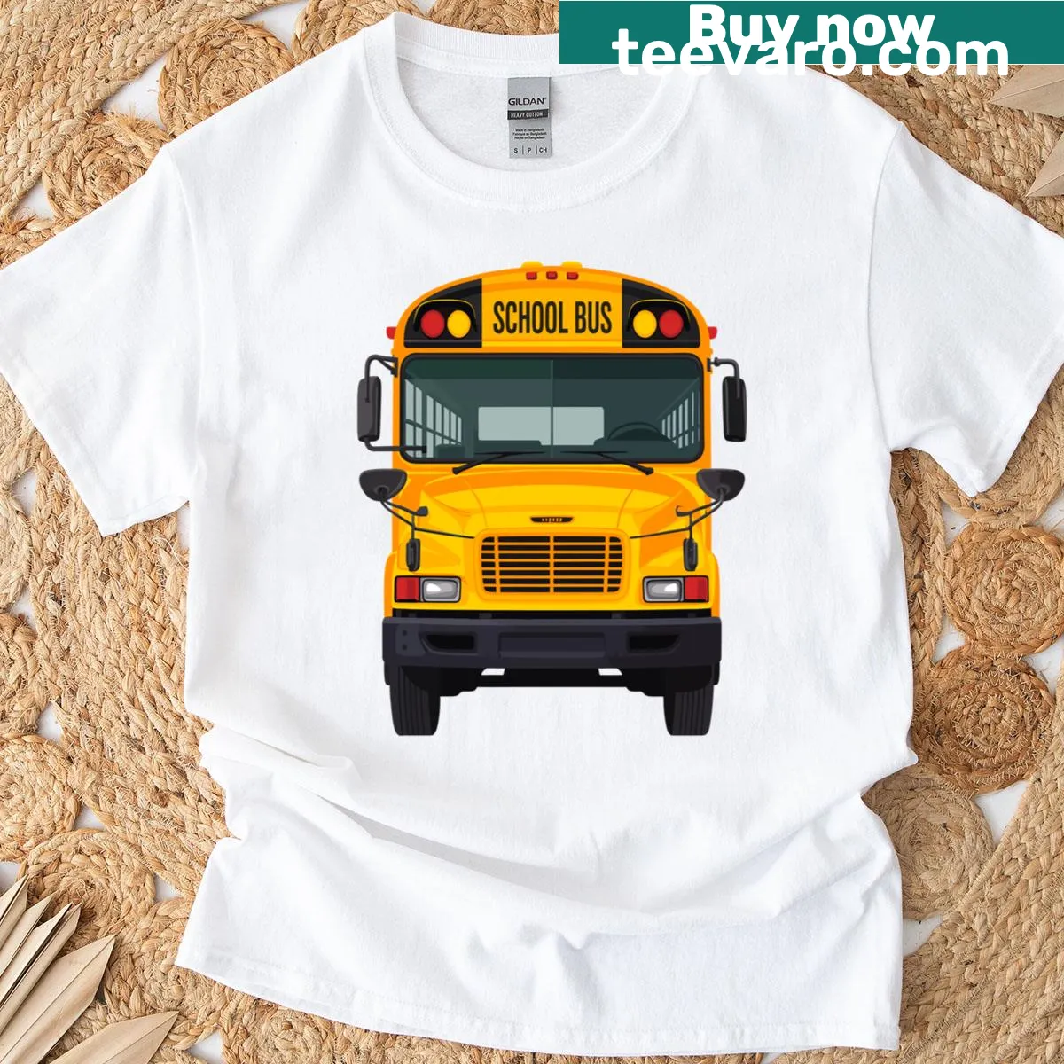 Illustration of a school bus with Halloween elements — on a men's t-shirt