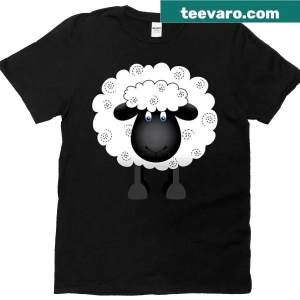 Cartoon sheep illustration on a kids' t-shirt featuring Shelby.