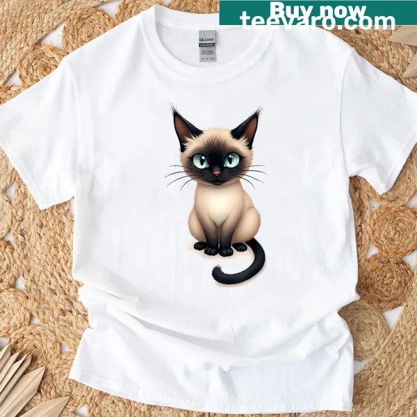 Cartoon illustration of a Siamese cat on a T-shirt.