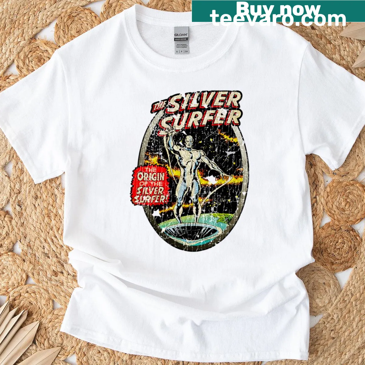 Vintage surf-themed T-shirt with retro cartoon characters riding waves — on a men's t-shirt