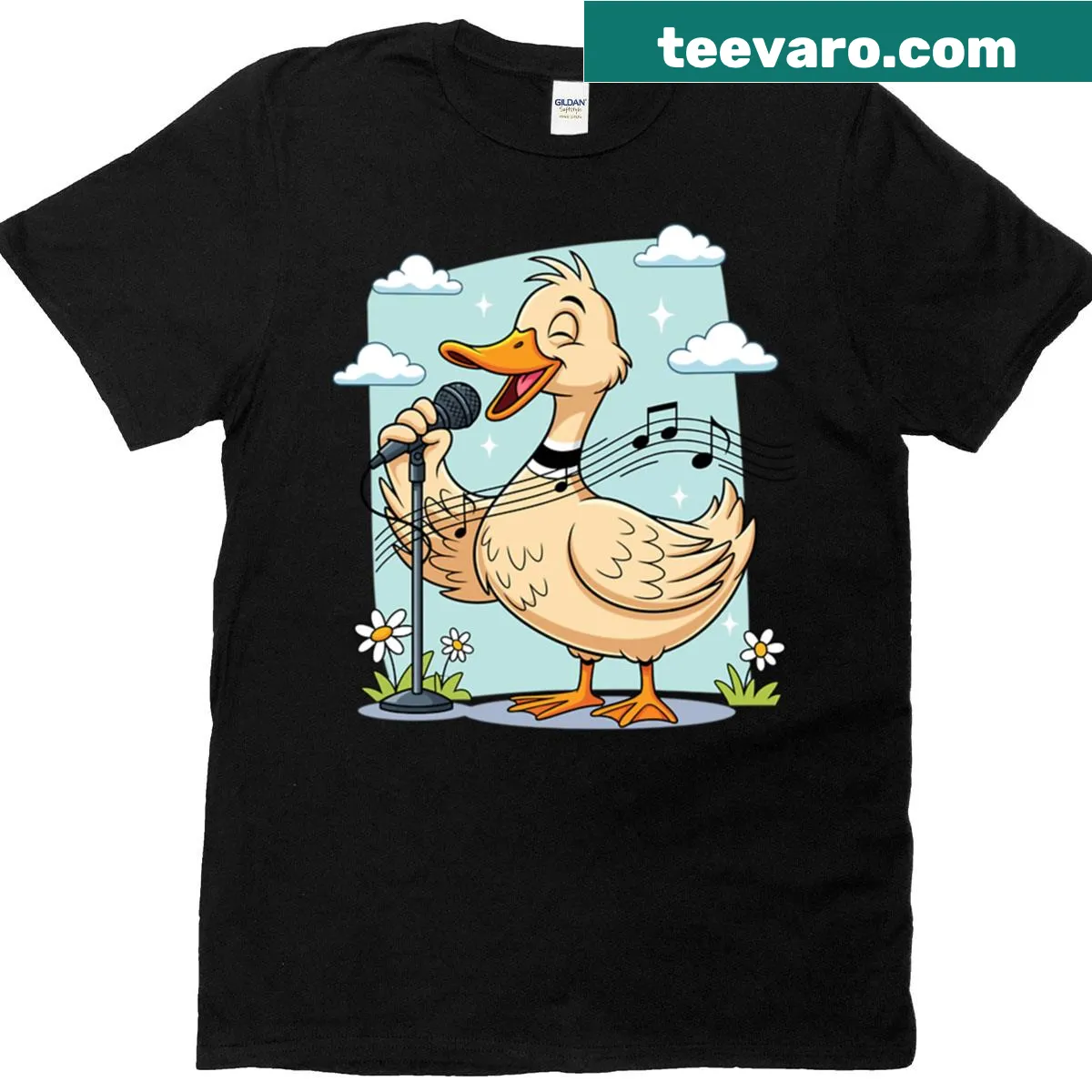 Cartoon singing duck with musical notes on a T-shirt — on a men's t-shirt
