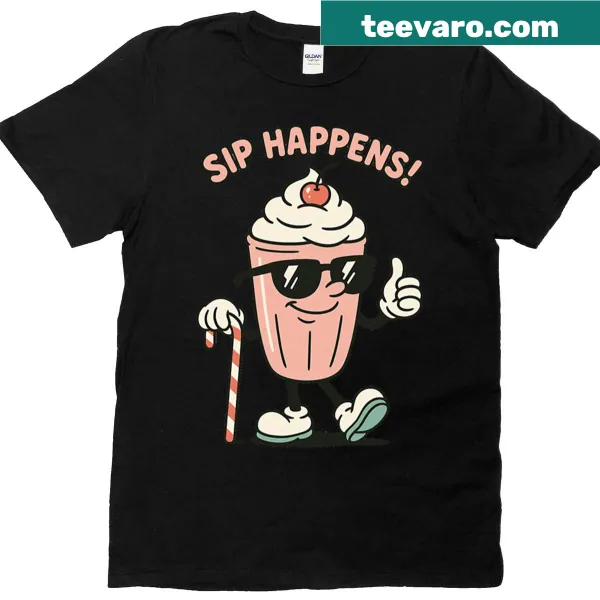 Retro milkshake graphic with text 'Sip Happens' on T-shirt