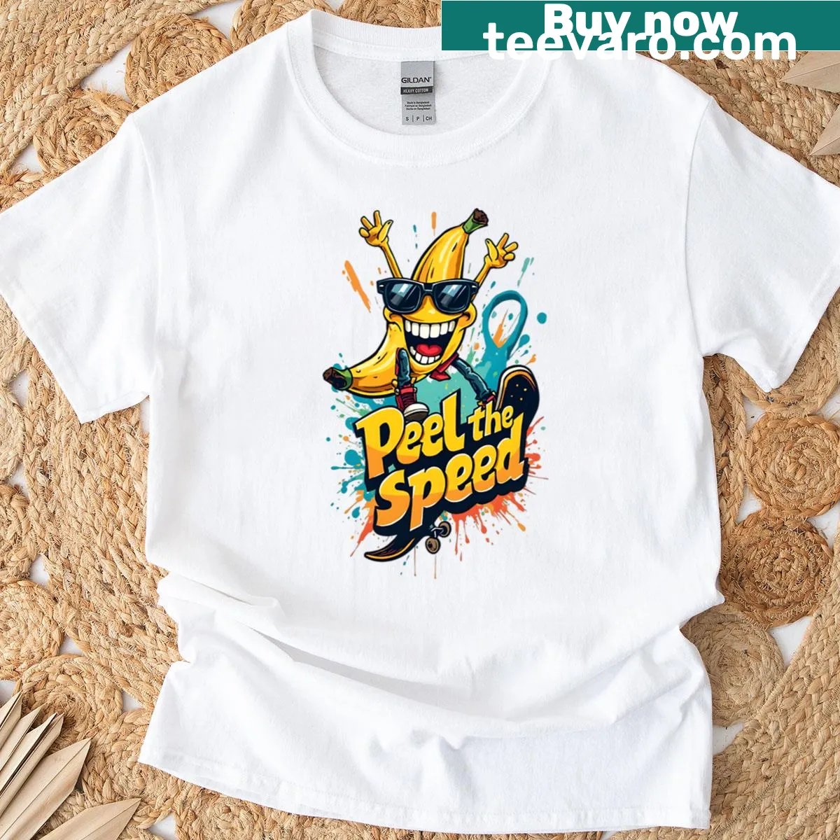 Cartoon T-shirt featuring a banana peel and skateboard for a humorous twist — on a men's t-shirt