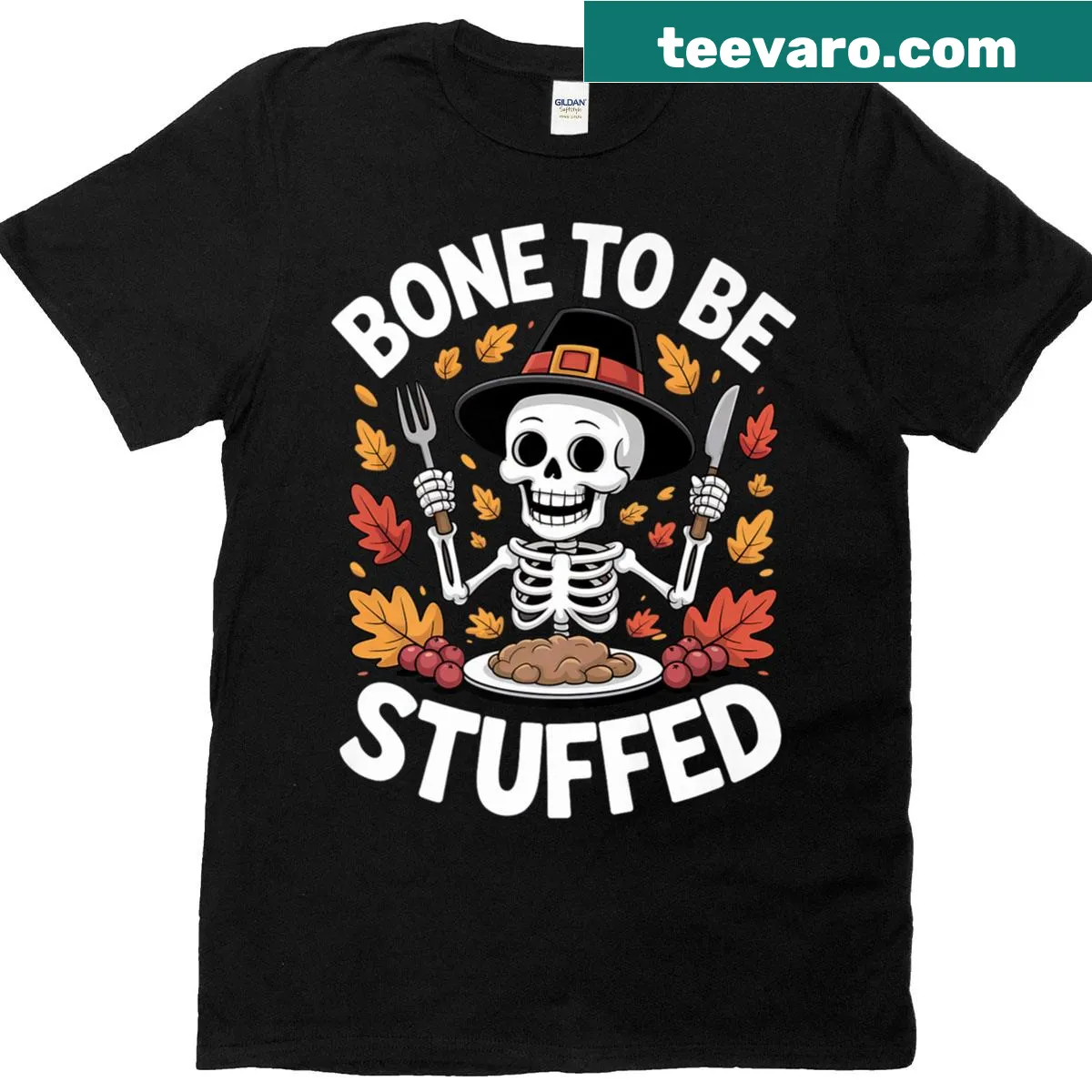 Skeleton pilgrim design on a humorous Thanksgiving t-shirt — on a men's t-shirt