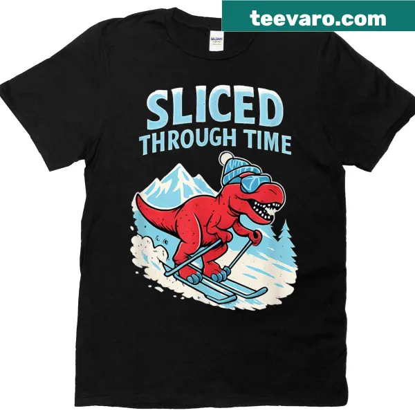 Cartoon dinosaur skiing in the snow on a T-shirt