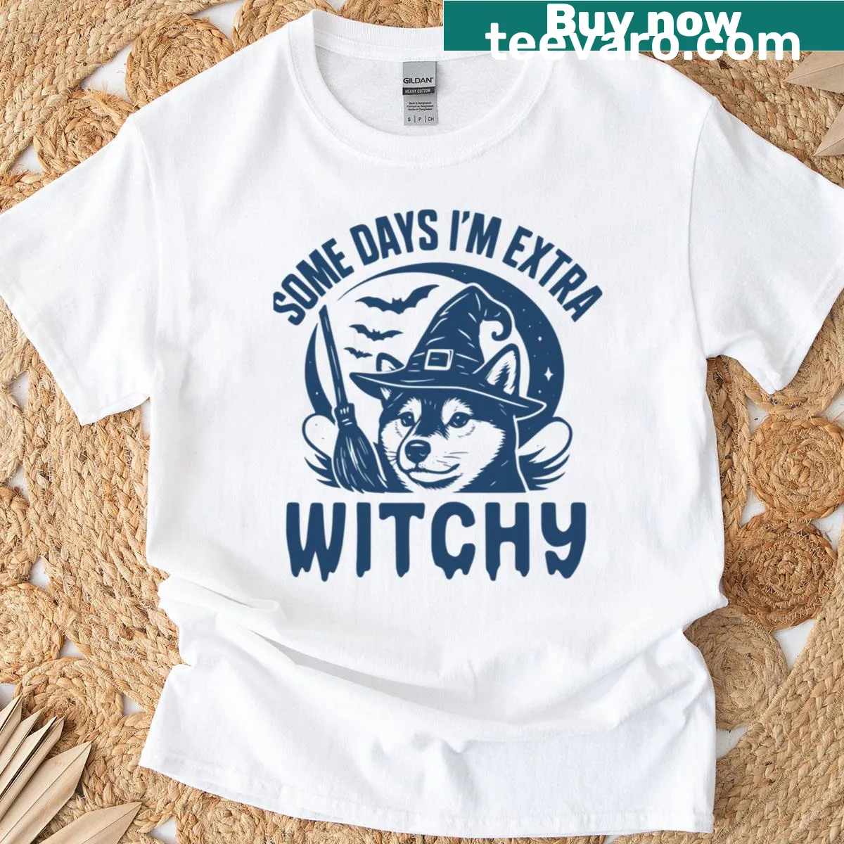 Halloween T-shirt featuring a Shiba Inu in a witch costume — on a men's t-shirt