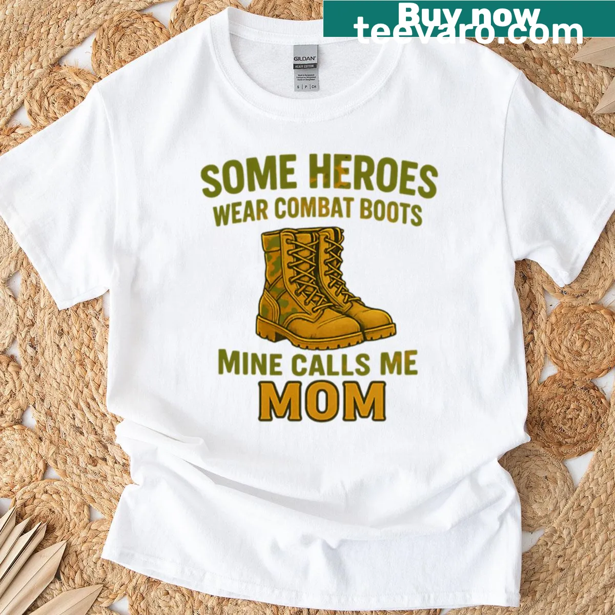 Text design 'Some Heroes Wear Combat Boots Mine Calls Me Mom' on a t-shirt — on a men's t-shirt