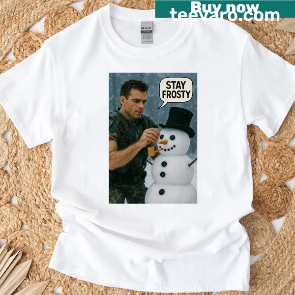 Humorous Stay Frosty T-shirt featuring playful typography
