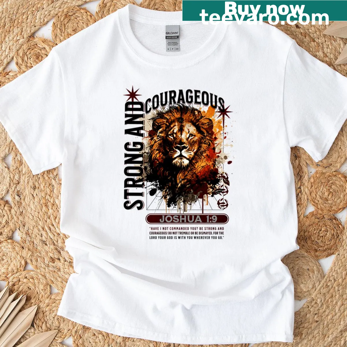 Inspirational T-shirt with the phrase 'Strong And Courageous' from Joshua 1:9 — on a men's t-shirt