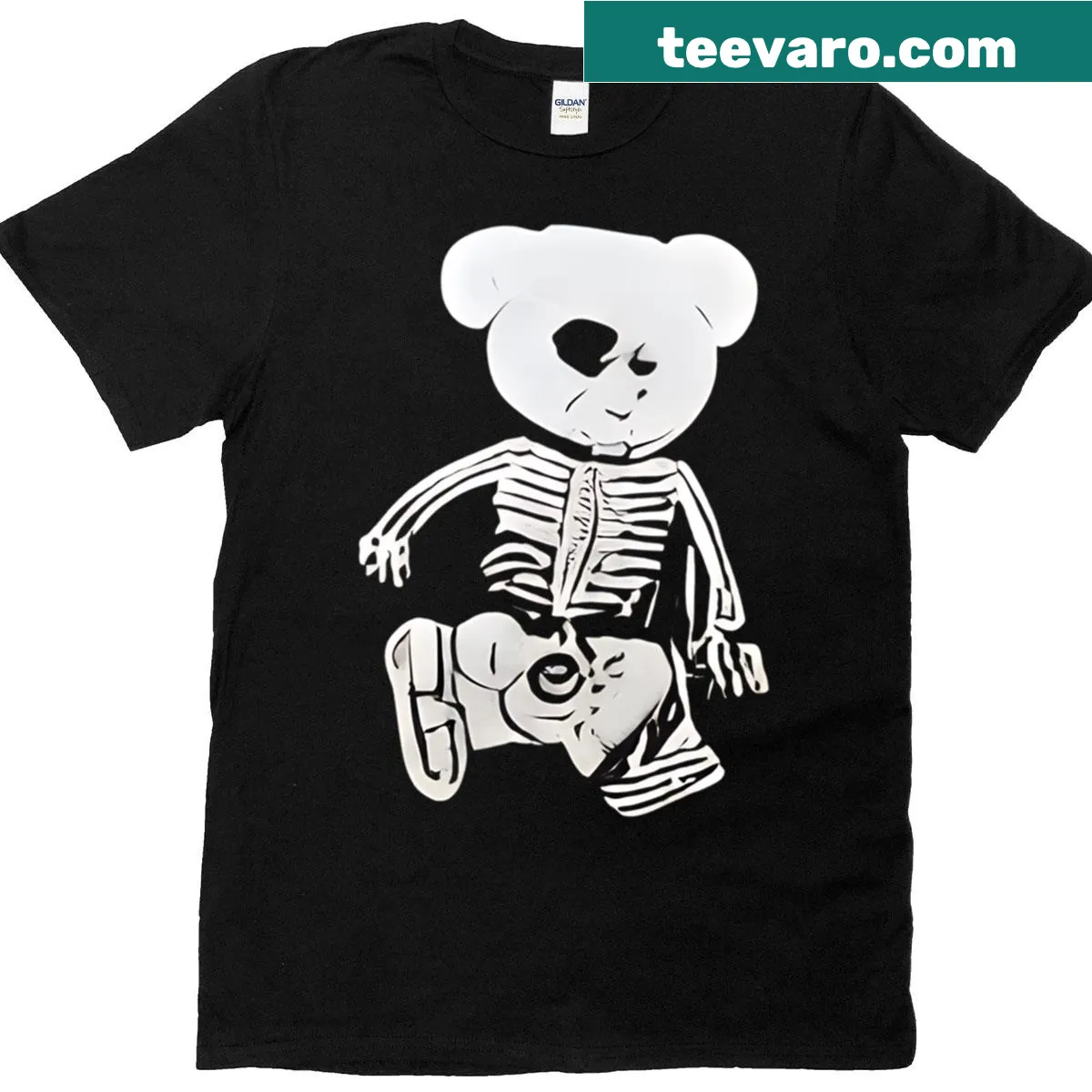 Dark-themed T-shirt featuring a stylized skeleton teddy bear graphic — on a men's t-shirt