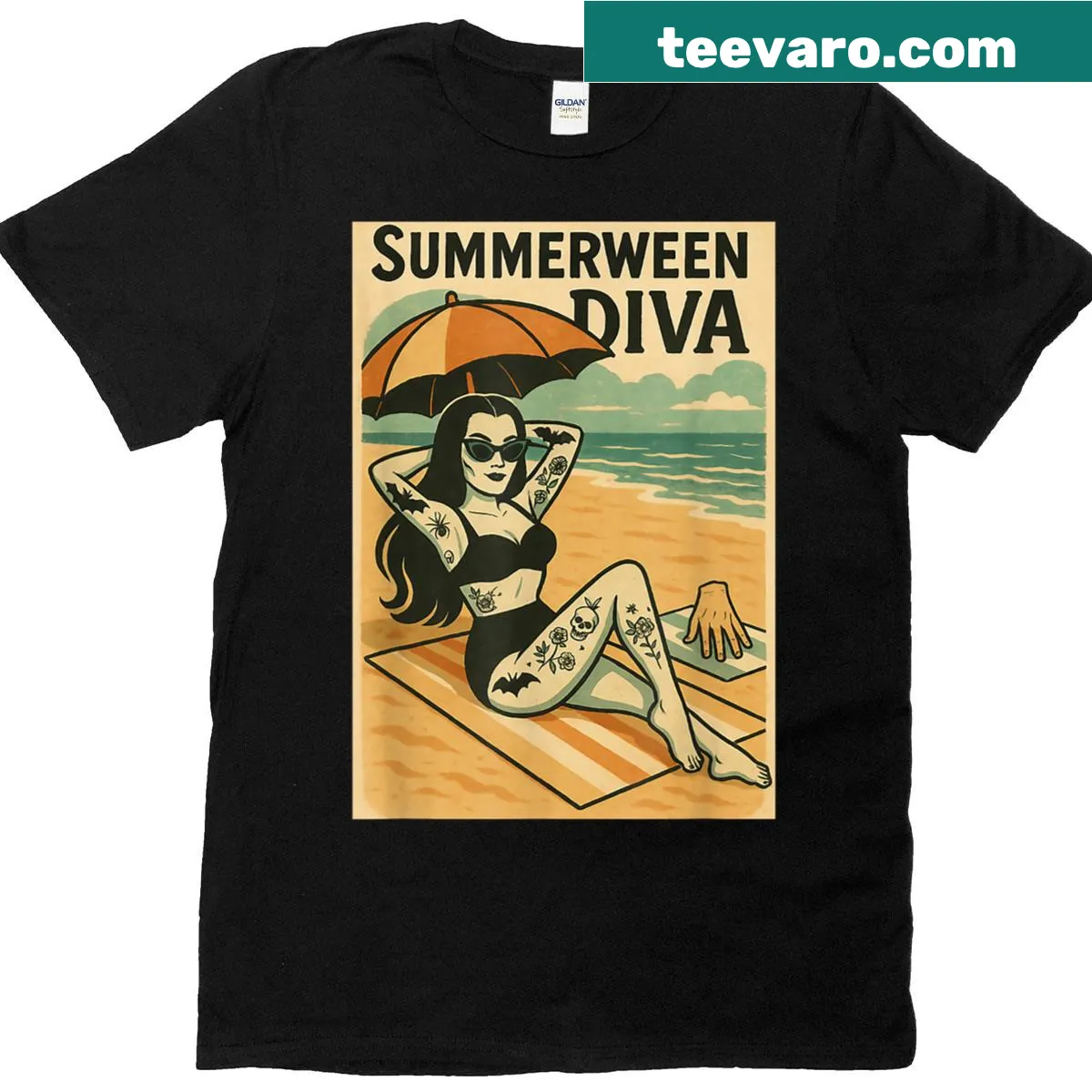 Gothic retro tattoo art T-shirt for Summerween with beach themes — on a men's t-shirt