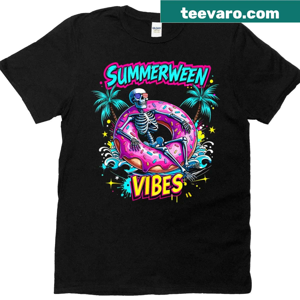 Whimsical T-shirt featuring a skeleton in a donut float for Summerween — on a men's t-shirt