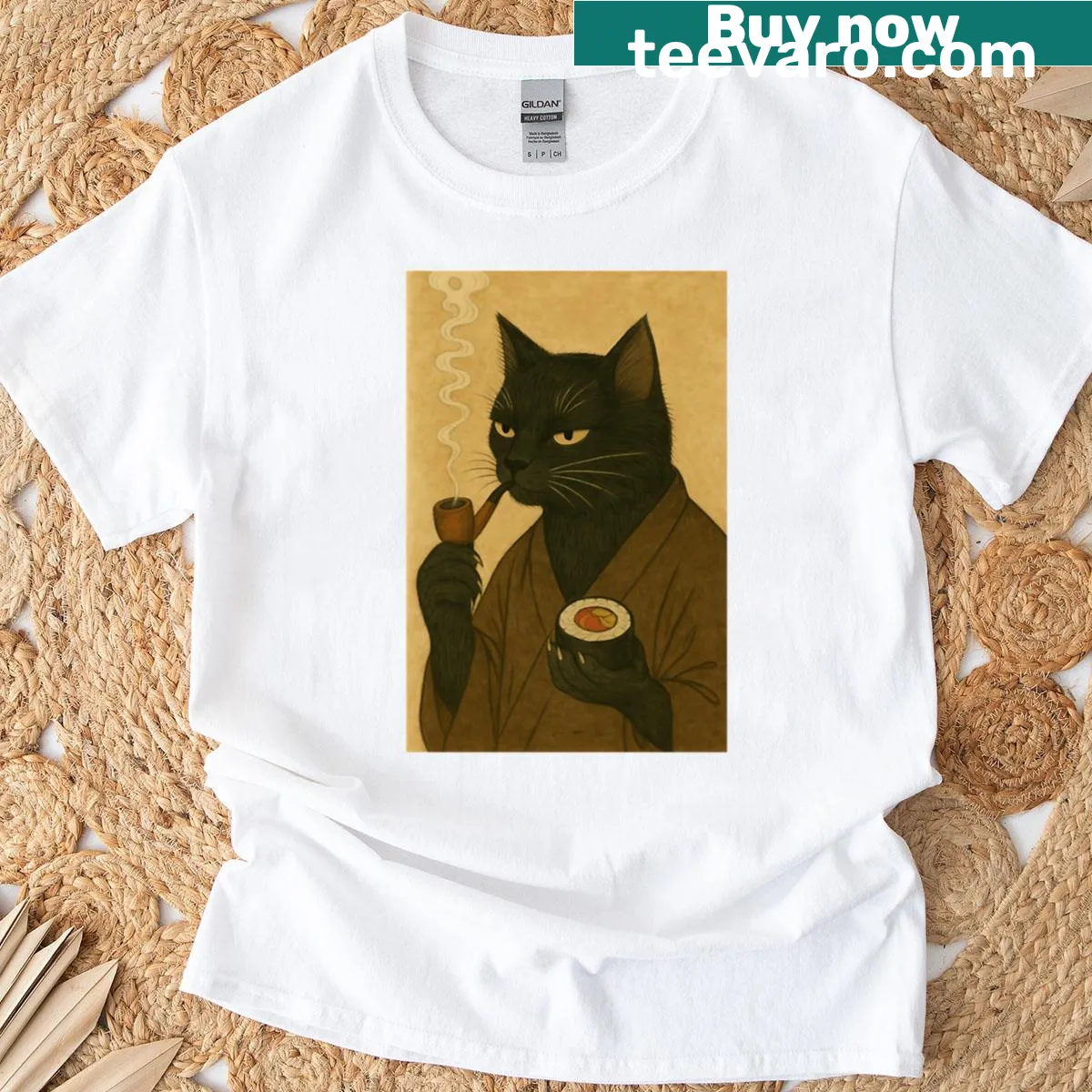 Whimsical T-shirt with a surreal cartoon of a cat smoking and sushi — on a men's t-shirt