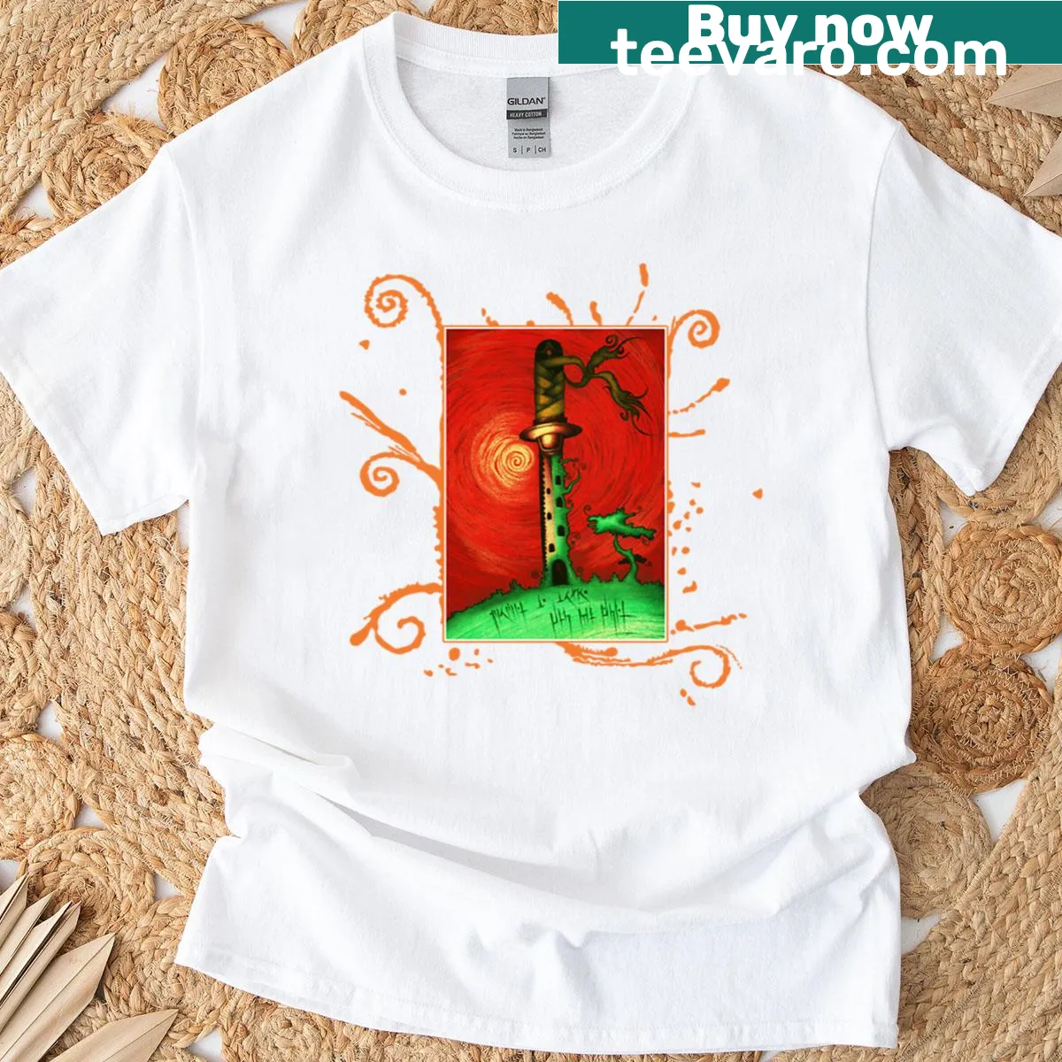 Hand-drawn dotwork illustration of a sword house on T-shirt — on a men's t-shirt